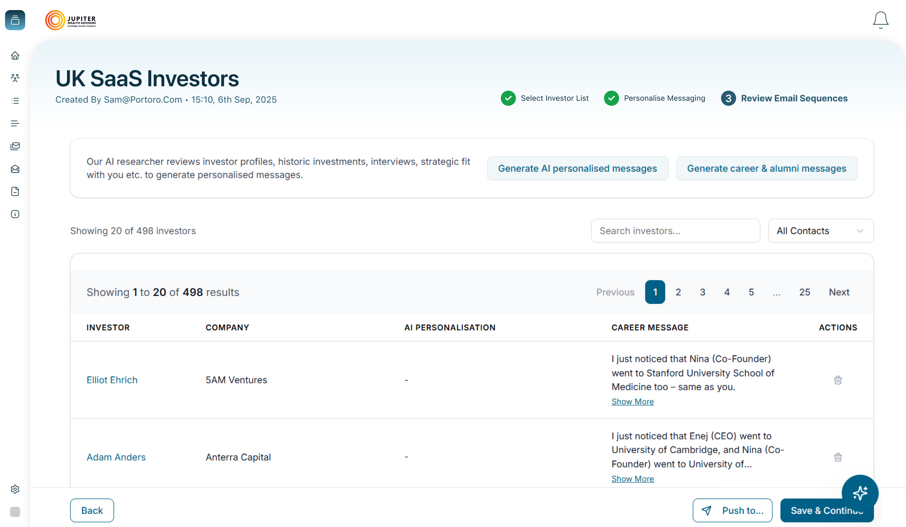 AIRA 3-step outreach campaign flow showing investor selection, personalisation and email sequence review