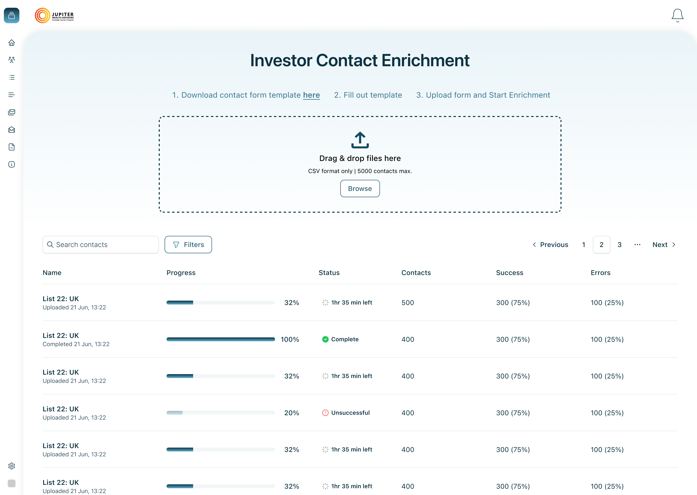Contact enrichment upload interface showing CSV drag and drop with progress tracking across multiple lists