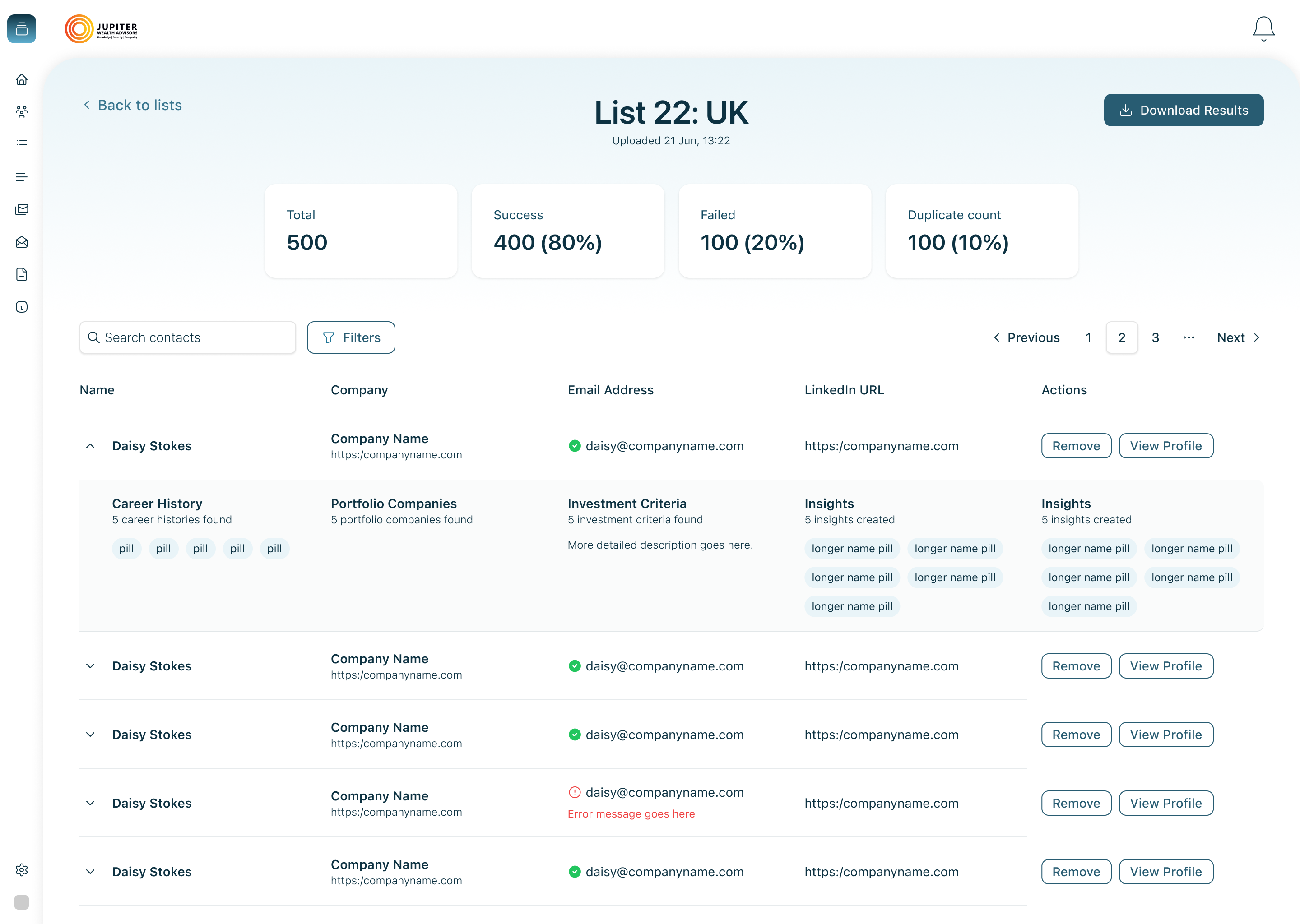 Enrichment results showing verified emails, LinkedIn URLs, career history and investment criteria per contact