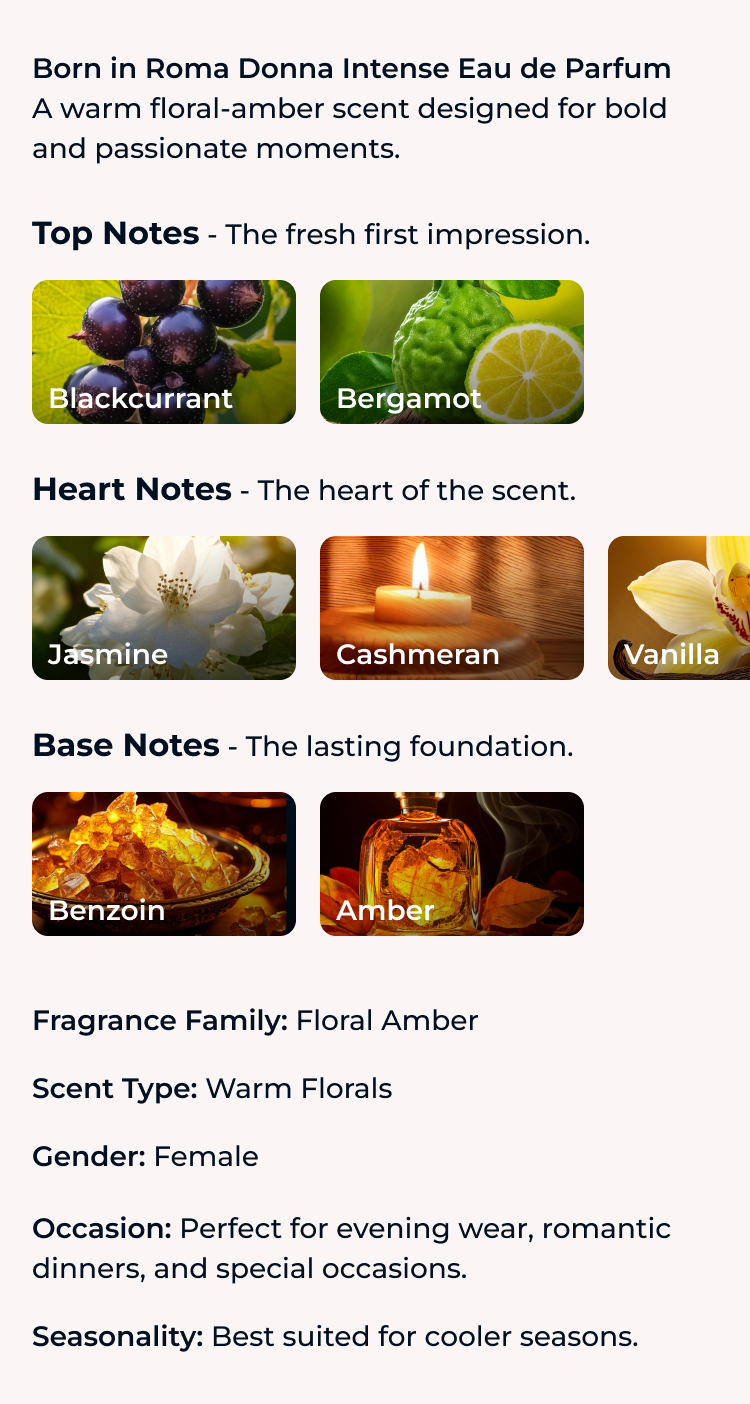 Scent notes section showing top, heart and base note structure with icons and descriptions