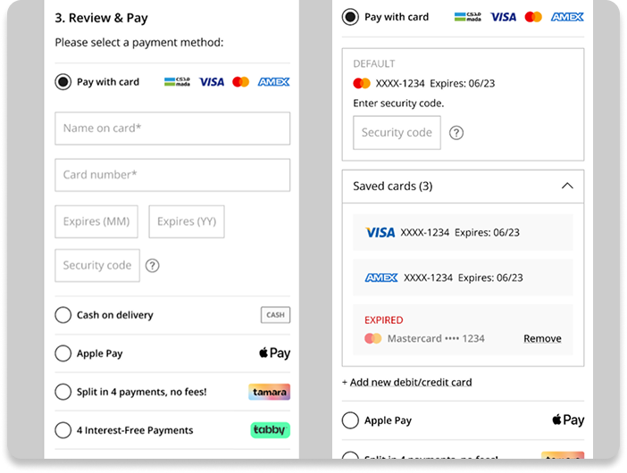 Payment options showing Tabby and Tamara BNPL alongside standard methods