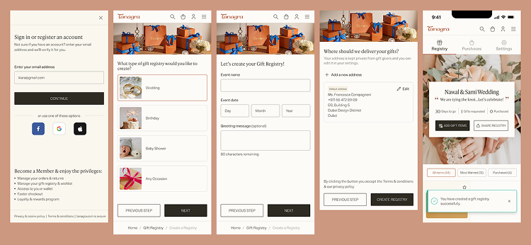 Registry creation screens showing the streamlined onboarding and setup flow